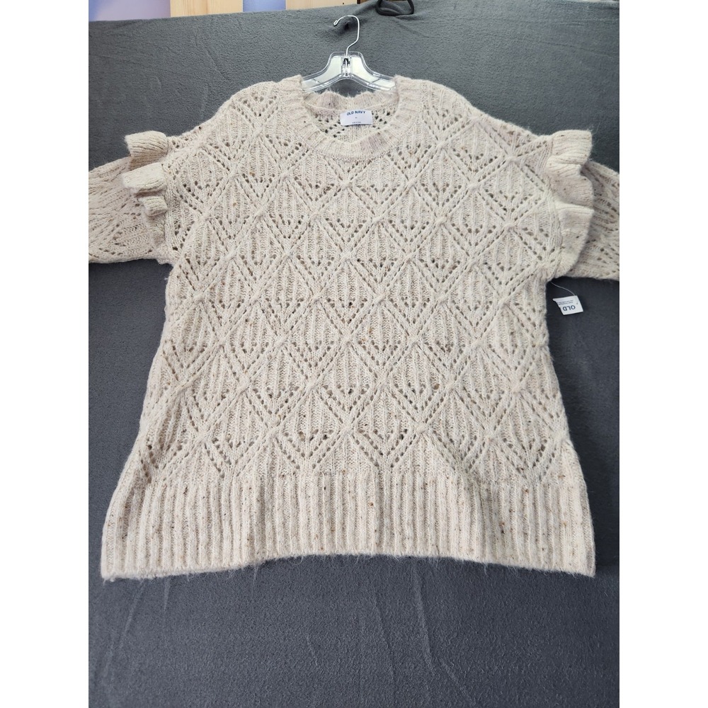 Old Navy Womens Oatmeal Pointelle Knit Fuzzy Ruffle Shoulder Sweater Sz XL NWT